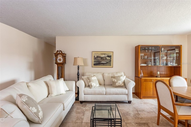 living room featuring a textured ceiling