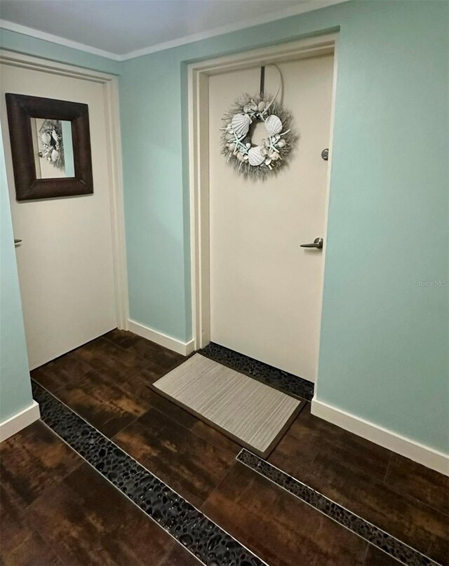 interior space with dark wood-type flooring and crown molding