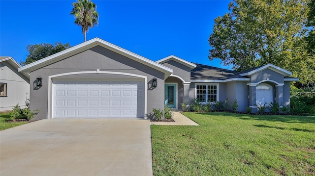 single story home featuring a front yard and a garage