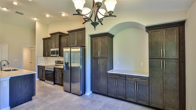 kitchen with decorative light fixtures, tasteful backsplash, lofted ceiling, sink, and stainless steel appliances