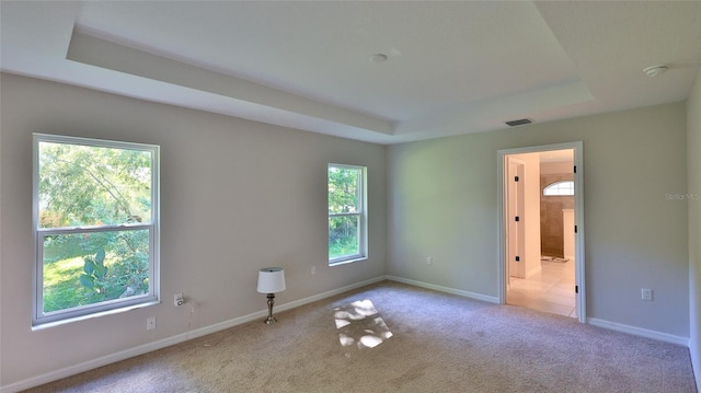 carpeted spare room with a tray ceiling