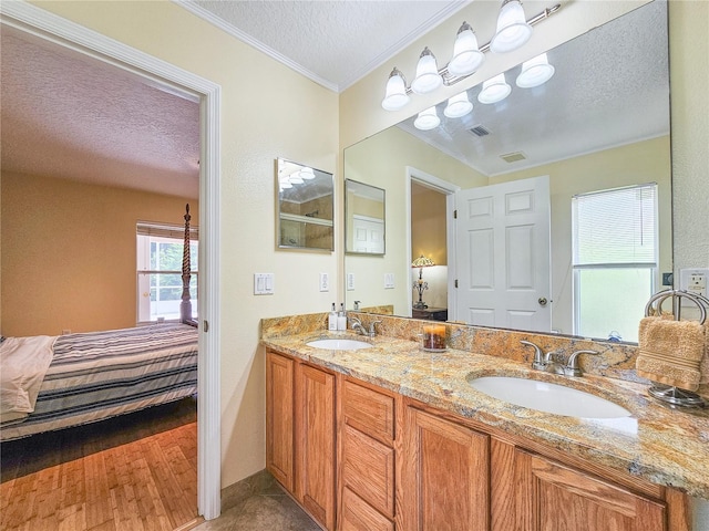 bathroom featuring vanity, crown molding, and a textured ceiling