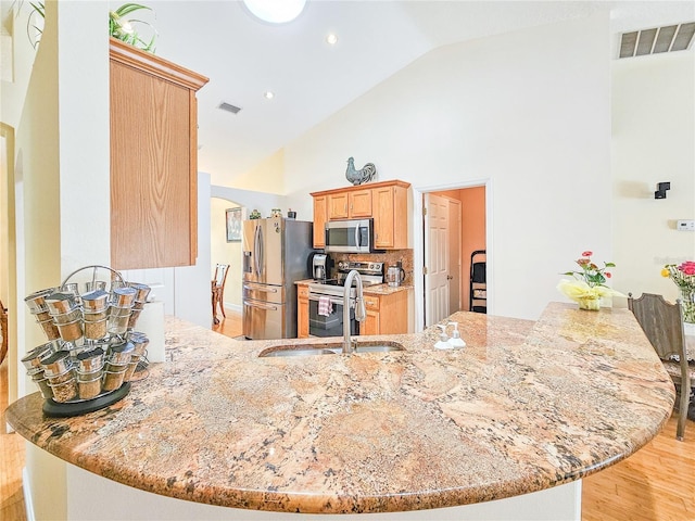 kitchen featuring sink, light stone counters, kitchen peninsula, stainless steel appliances, and light hardwood / wood-style floors