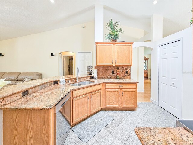 kitchen with high vaulted ceiling, dishwasher, light hardwood / wood-style floors, light stone counters, and sink