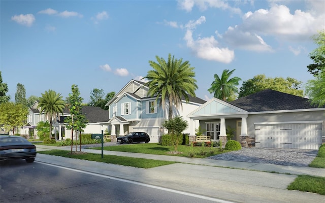 view of front of property with a garage and a front lawn