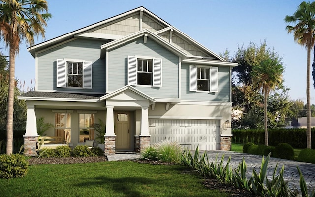 craftsman house with a garage, a porch, and a front lawn