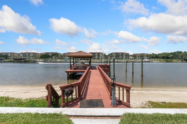 dock area featuring a water view and a gazebo