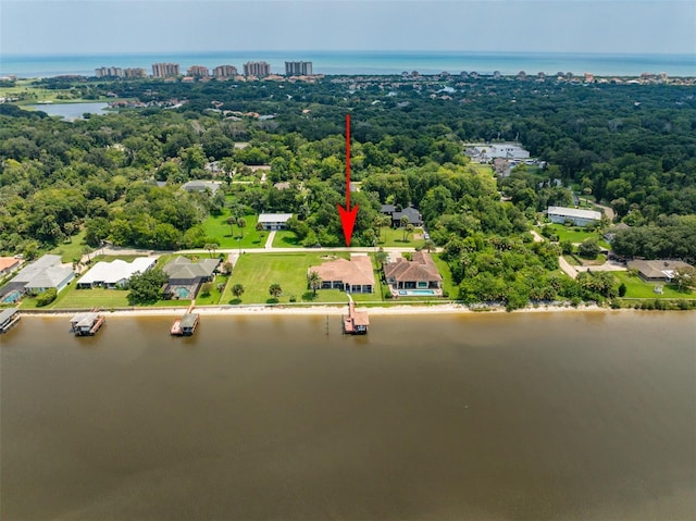 drone / aerial view featuring a water view and a view of trees