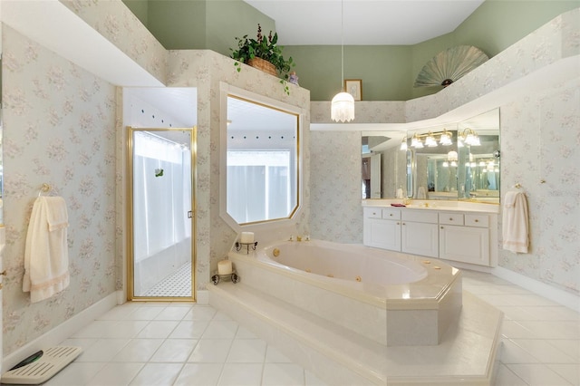 bathroom with a stall shower, tile patterned floors, a jetted tub, and wallpapered walls