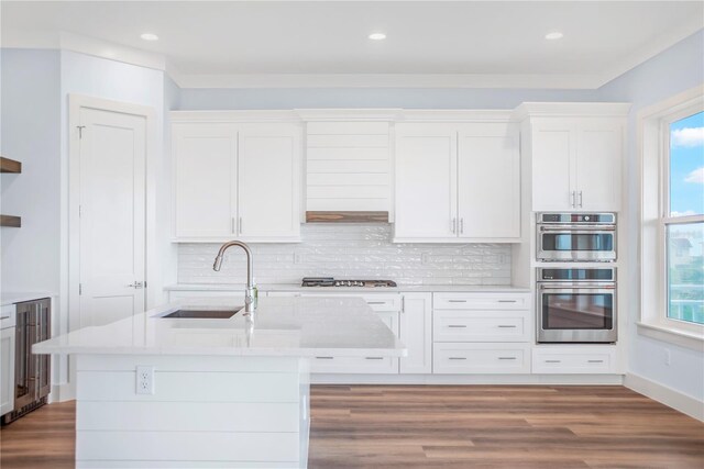 kitchen with backsplash, stainless steel appliances, wood-type flooring, an island with sink, and sink