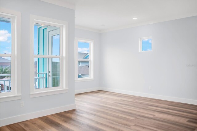 empty room with light wood-type flooring, ornamental molding, and plenty of natural light