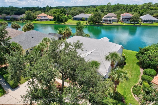 bird's eye view with a water view