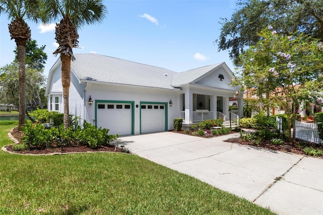 view of front of property with a porch, a garage, and a front yard