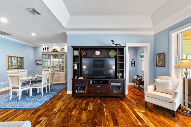 living room featuring hardwood / wood-style flooring and a tray ceiling