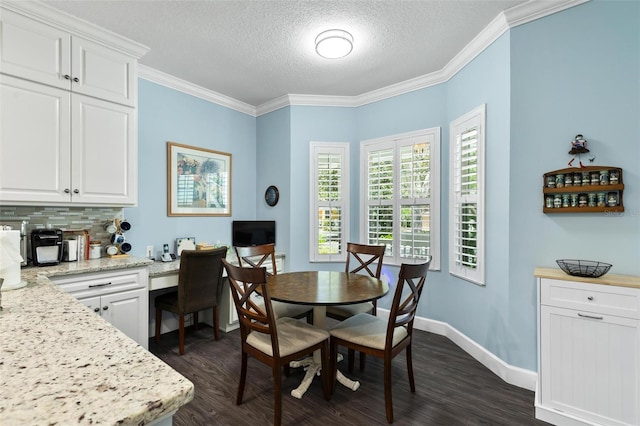 dining room with crown molding, a textured ceiling, and dark hardwood / wood-style floors