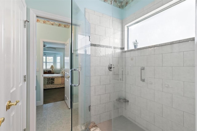 bathroom featuring walk in shower and tile patterned flooring