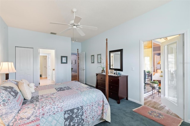 carpeted bedroom featuring ceiling fan and a closet