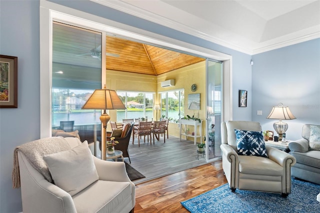 living room with wood-type flooring, wooden ceiling, and crown molding