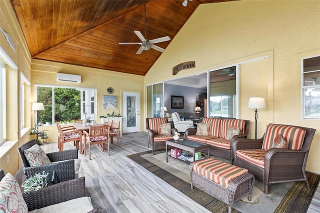 sunroom / solarium featuring wooden ceiling, a wall unit AC, and vaulted ceiling