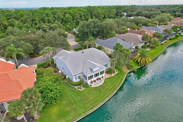 bird's eye view with a water view