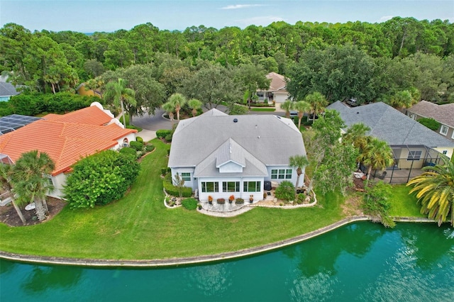 aerial view featuring a water view