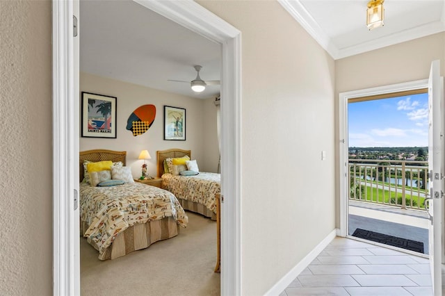 bedroom featuring ceiling fan, access to exterior, crown molding, and light carpet