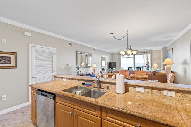 kitchen featuring open floor plan, dishwasher, ornamental molding, light stone counters, and a sink