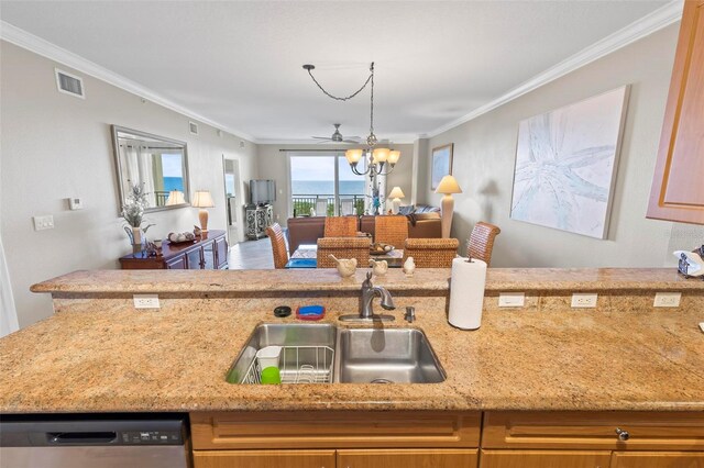 kitchen with stainless steel dishwasher, sink, crown molding, and light stone countertops