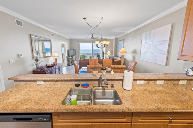 kitchen with visible vents, ornamental molding, a sink, stainless steel dishwasher, and open floor plan