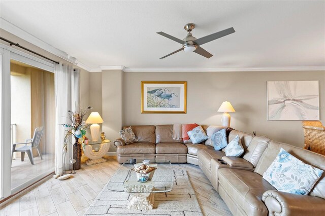 living room featuring ceiling fan, light wood-type flooring, and crown molding