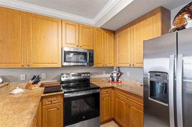 kitchen featuring light stone countertops, a textured ceiling, appliances with stainless steel finishes, and crown molding