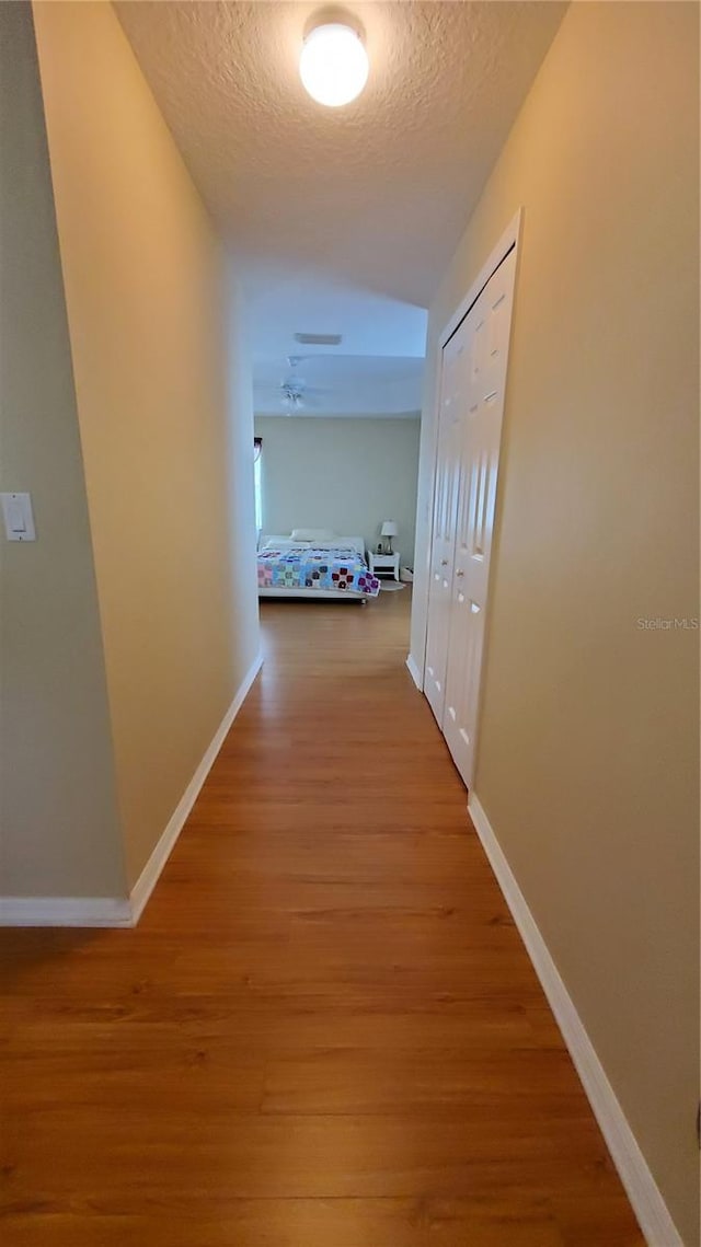 hallway with a textured ceiling and hardwood / wood-style floors