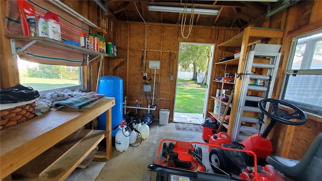 garage featuring a workshop area