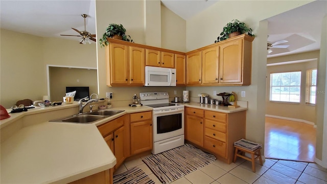 kitchen featuring sink, white appliances, ceiling fan, and kitchen peninsula