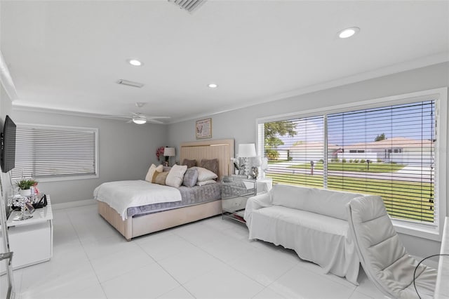 bedroom with light tile patterned floors, baseboards, visible vents, ornamental molding, and recessed lighting
