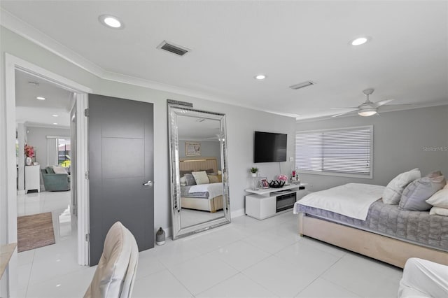 bedroom with ornamental molding, recessed lighting, and visible vents
