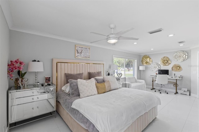bedroom featuring baseboards, visible vents, and ornamental molding