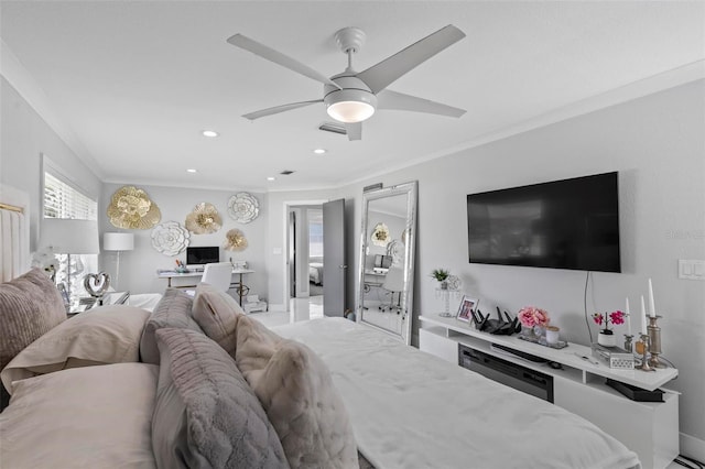 bedroom featuring baseboards, visible vents, a ceiling fan, ornamental molding, and recessed lighting