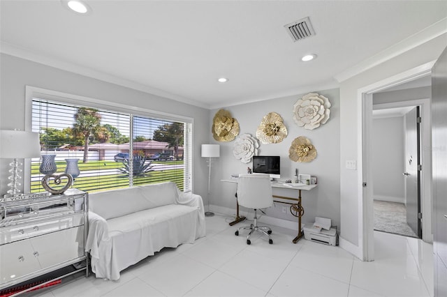 home office with light tile patterned floors, recessed lighting, visible vents, baseboards, and crown molding