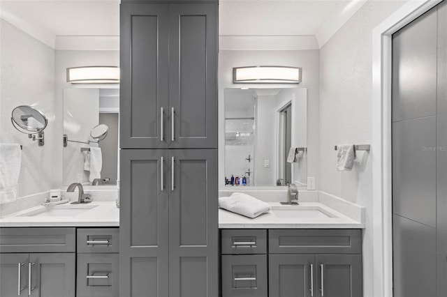 full bath featuring double vanity, a shower, and a sink