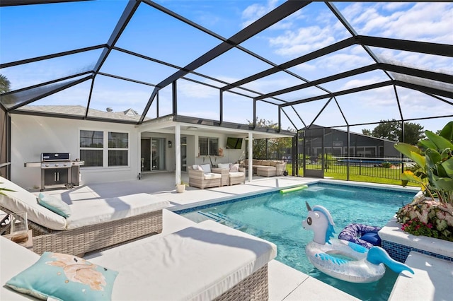 outdoor pool with a lanai, a patio, an outdoor living space, and grilling area