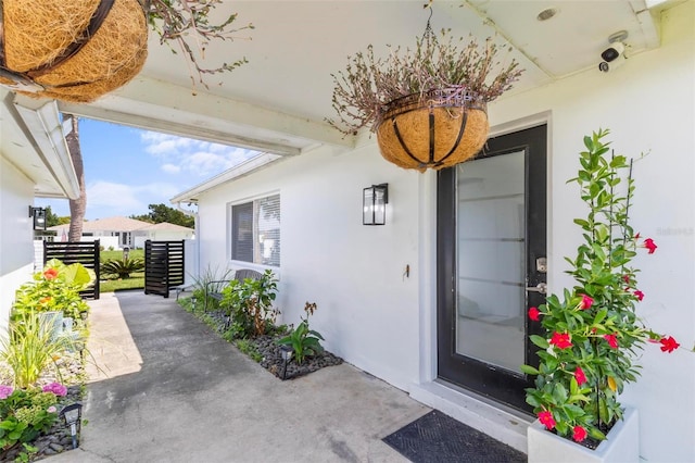 view of exterior entry featuring a patio and stucco siding