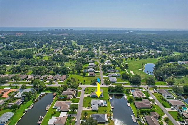 aerial view featuring a water view and a residential view