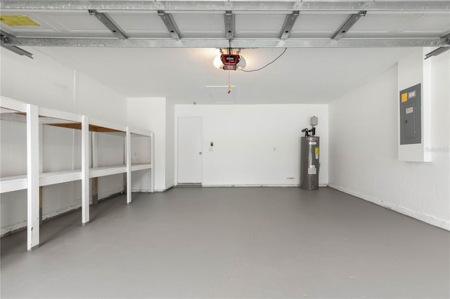 garage with a garage door opener, water heater, and electric panel