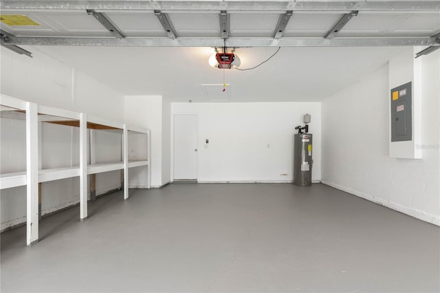 garage with electric panel, concrete block wall, electric water heater, and a garage door opener