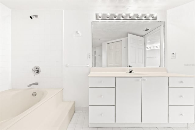 full bath featuring shower / bathtub combination, visible vents, vanity, and tile patterned floors