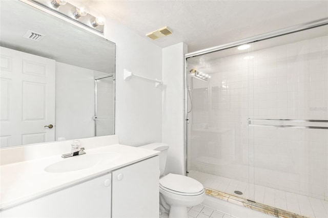 full bathroom featuring toilet, a stall shower, vanity, and visible vents