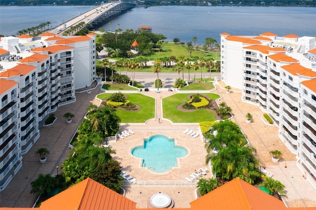 drone / aerial view featuring a water view