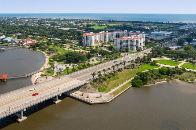 drone / aerial view featuring a water view