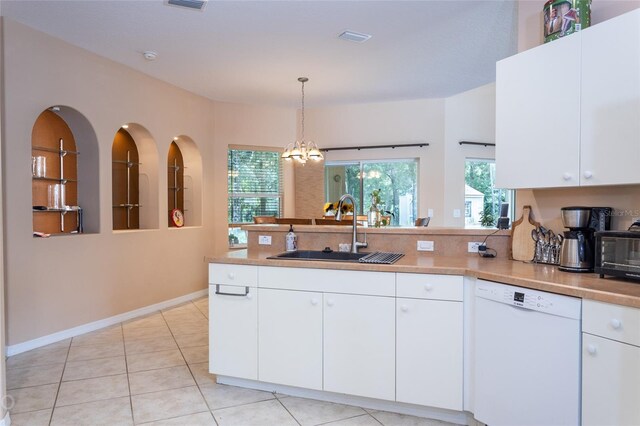 kitchen with sink, kitchen peninsula, white cabinetry, and white dishwasher